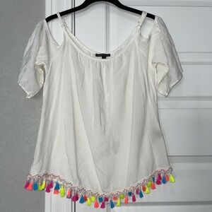 Chic White Blouse with Vibrant Tassels